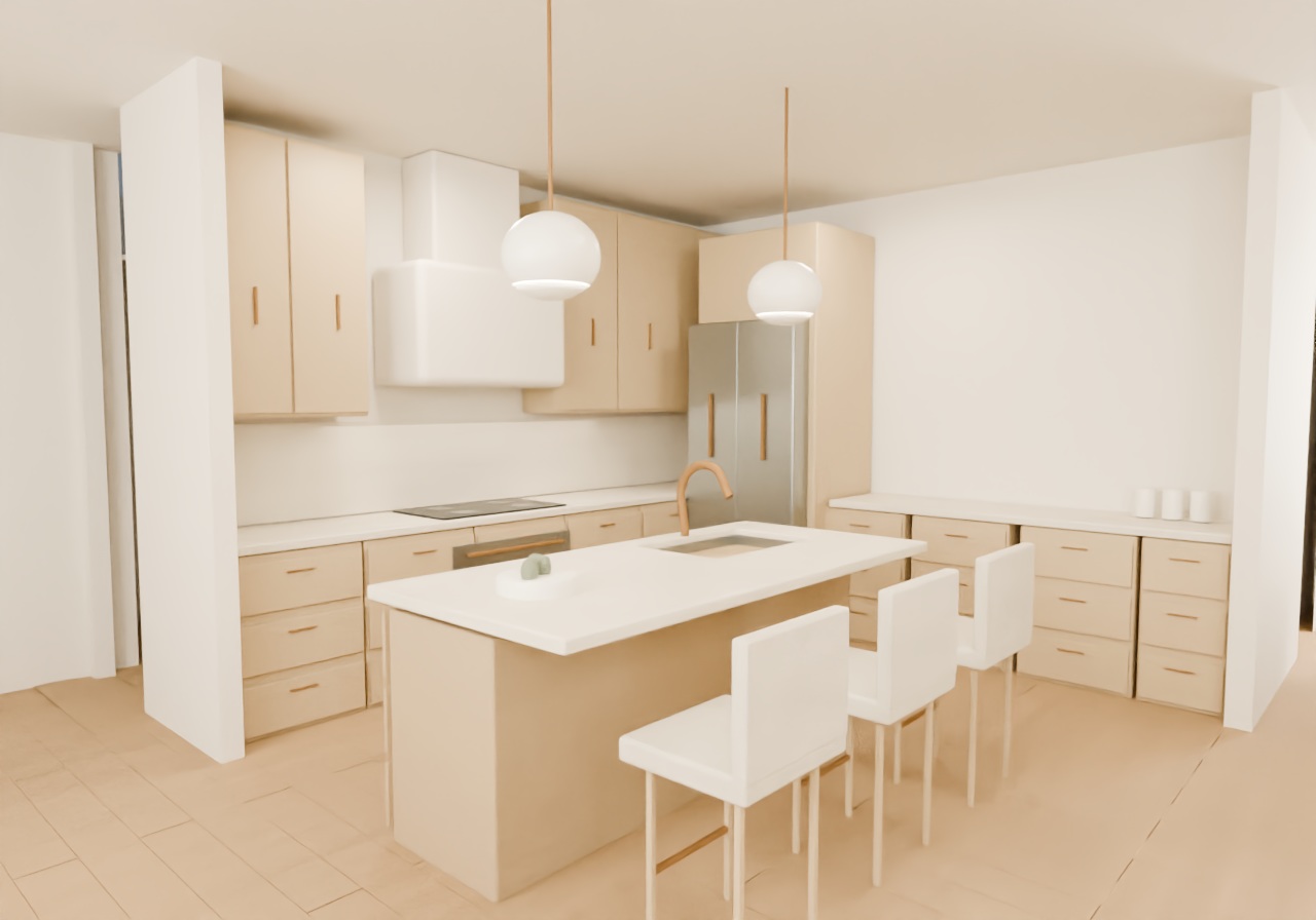 Warm organic kitchen and living design study